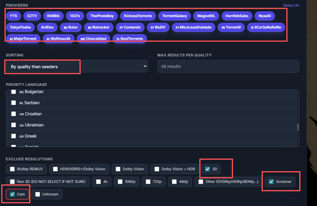 Torrentio Configuration Parameters